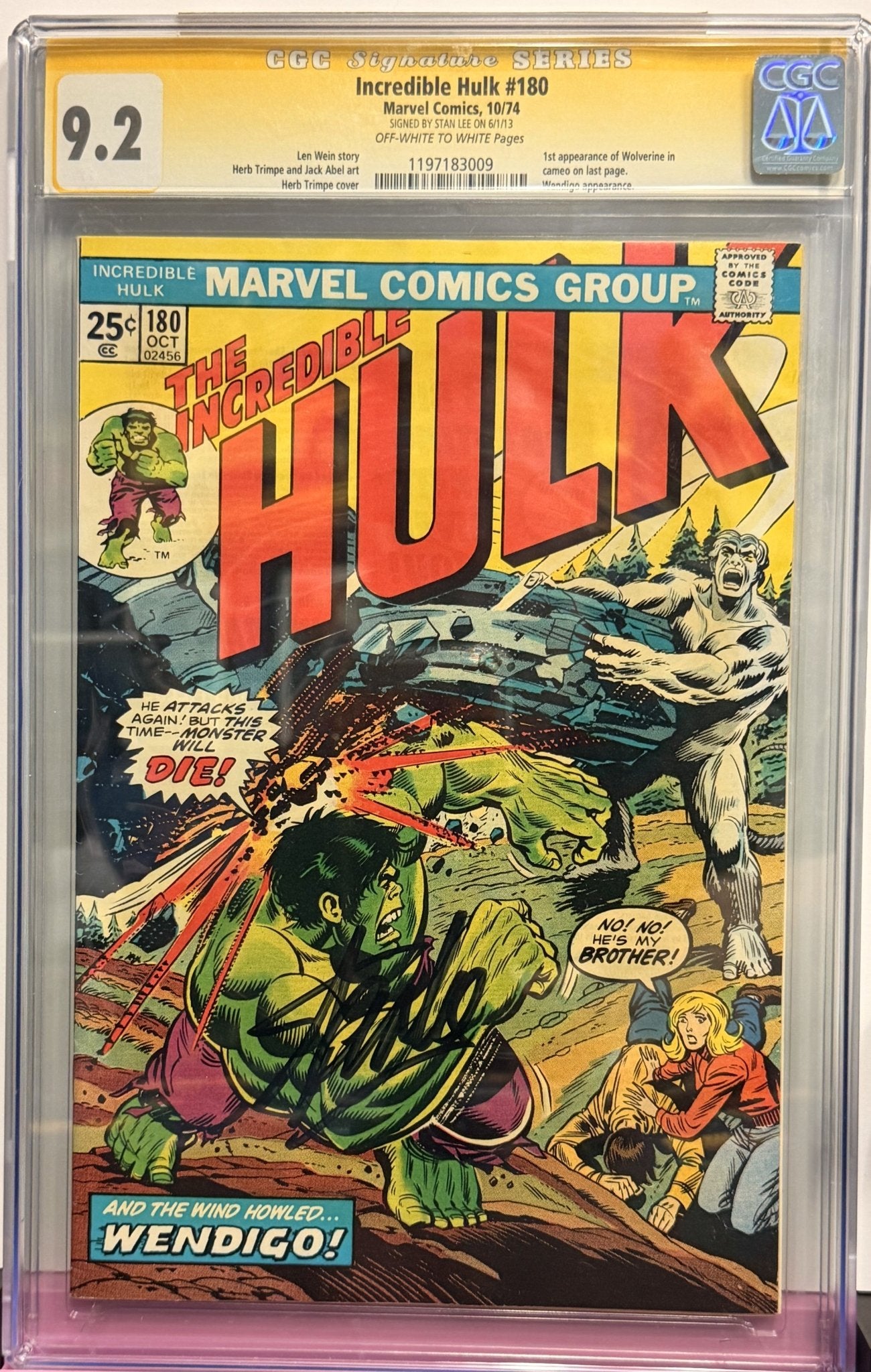 9.8 Signedf Incredible Hulk 180 10/74 Stan Lee Signature - FURYCOMIX